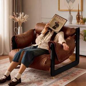 Sillón de Cuero Estilo Vintage Reclinable para Sala de Estar, Estructura de Madera Maciza, Tapicería de Cuero Marrón - Product Image 3