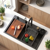 Évier de cuisine moderne à cuve unique fait main avec robinet cascade multifonction en acier inoxydable à poser sur comptoir
