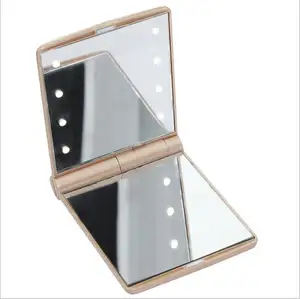 Miroir de maquillage rose pliable Portable, Logo OEM, petit cadeau de poche en forme de 8led, pour dames