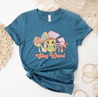 T-shirt décontracté OEM ODM 'Stay Weird' aux champignons, 300 grammes, style psychédélique hippie, motif champignon magique