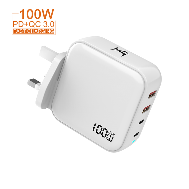 100W GaN Charger Super Fast UK Plug Wall Adapter with 2 USB 2 Type C PD 3.0 Compatible Mobile Phone & MacBook Pro Laptop Charger