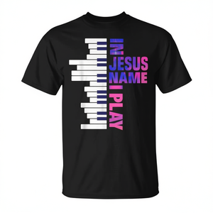 Camiseta Christian Piano Player con diseño 'In Jesus Name I Play' en negro, talla mediana - Product Image 2