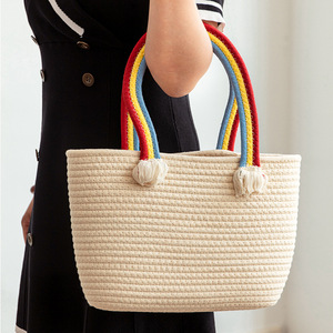 Cotton Woven Tote <b>Bag</b> Oval Shape <b>Rainbow</b> Handle Tassel Bohemian Style Women's Beach <b>Bag</b> Summer 2022 - Product Image 3