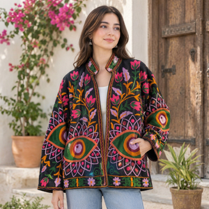 Veste en velours brodée à la main, style bohème, motifs floraux et œillets, broderie Suzani vibrante, cadeau idéal - Product Image 1