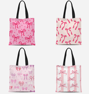 Sac shopping en toile de coton recyclable avec logo personnalisable imprimé et design nœud rose rétro - Product Image 1