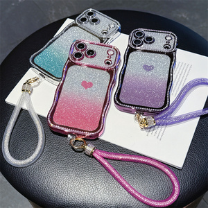 Coque de téléphone en forme de cœur avec cadre ondulé à paillettes dégradées et strass pour <span class=keywords><strong>Samsung</strong></span> S26 Ultra S25 S24 Plus, avec support et sangle, étui brillant - Product Image 5