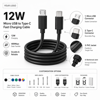 Câble Type-C vers Micro USB 2.4A 12W Charge Rapide 480Mbps Synchronisation des Données Câble PVC pour Smartphones, Banques d'Alimentation et Haut-parleurs