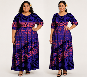 Vestido Largo Maxi Puletasi con Estampado <span class=keywords><strong>Tribal</strong></span> y Talla Grande, Manga Media Abullonada, Volantes en la Cintura, Vestido Casual Estilo Tonga Samoa - Product Image 3