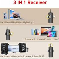 Microphone cravate sans fil 3-en-1 avec micro omnidirectionnel mains libres Type-C pour interviews de rue sur mobile