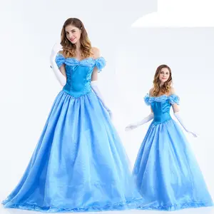 2023热卖卡通人物公主角色扮演天蓝色连衣裙服装万圣节女孩城堡嘉年华派对