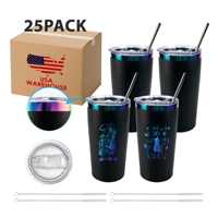 Stock entrepôt USA : Lot de 25 gobelets de 20 oz noirs avec revêtement poudré et électroplaqués arc-en-ciel, avec couvercle et paille