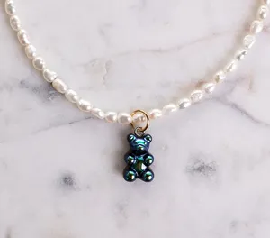  Vintage personnalisé en gros collier de perles d'eau douce blanc ours en peluche 3Mm perles pendentif étanche en acier inoxydable bijoux femmes