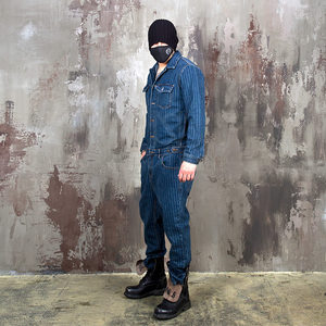 Custom Blue Stripe <strong>Baggy</strong> 100% Cotton Denim Y2K Casual Winter Patchwork Overalls Suit Mens Romper Jumpsuit Work <strong>Dungarees</strong> - Product Image 4
