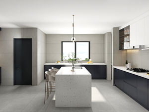 Meubles de cuisine modernes et minimalistes gris mat, îlot de cuisine, armoires modulaires noires et blanches, plan de travail en quartz, meubles de maison, appartements - Product Image 2