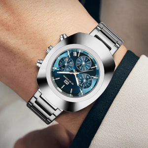 Montre à quartz pour homme, bracelet en métal doré, chronographe, cadran bleu, fenêtre de date, montre-bracelet de mode pour homme d'affaires - Product Image 3