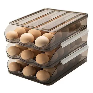 large capacity plastic fridge container egg storage box automatic rolling egg holder with cover for refrigerator