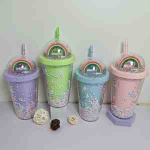 Creative New Rainbow PS Material Straight Shape Fashion Women's <b>Large</b> Capacity Straw <b>Cup</b> Mori Style Double-layer Color Beads - Product Image 4