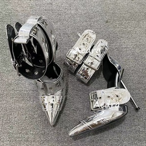 Sandalias de tacón alto fino metálicas plateadas brillantes para mujer, estilo punk sexy con hebillas, correa al tobillo, punta puntiaguda y tiras, tacón de aguja, para verano. - Product Image 6