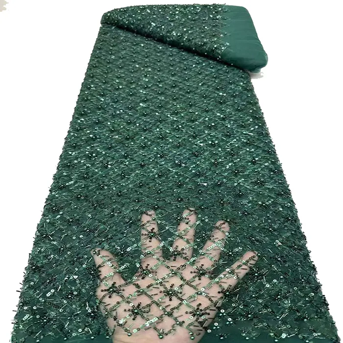 Dentelle de perles faites à la main lourdes de mariée de luxe de haute qualité pour le tissu de paillettes blanches de robe