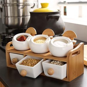 Professional Custom Bamboo 2 Tier <b>Kitchen</b> Spice Rack Organizer with Porcelain Spice Jar Container - Product Image 4