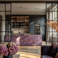 Dalles de marbre grain de bois rose violet poli sur mesure pour encadrement de cheminée, îlot de cuisine, comptoir et revêtement mural de salon