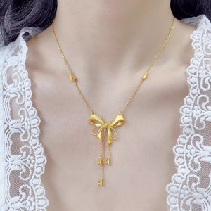 Ribbon Bow Necklace Sand Gold Pendant Tassel Clavicle Chain For Women Party Jewelry Zinc Alloy - Product Image 3