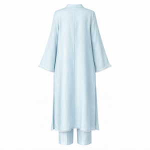 Set <span class=keywords><strong>Due</strong></span> Pezzi Personalizzato da Donna in Misto Lino e Cotone con Scollo a V, Tunica Lunga con Spacco Laterale e Pantaloni a Gamba Dritta con Finiture in Pizzo - Product Image 3