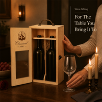 Boîte cadeau en bois massif pour deux bouteilles de vin rouge avec fenêtre de présentation frontale, logo gravé, fermeture à loquet métallique, emballage pour vin