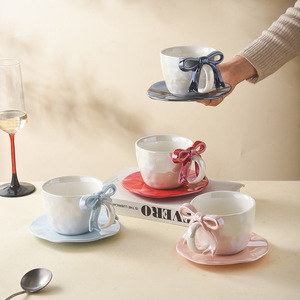 Juego de taza y platillo de cerámica con diseño de lazo estético, taza creativa y bonita para té de la tarde, vajilla para el hogar. - Product Image 2