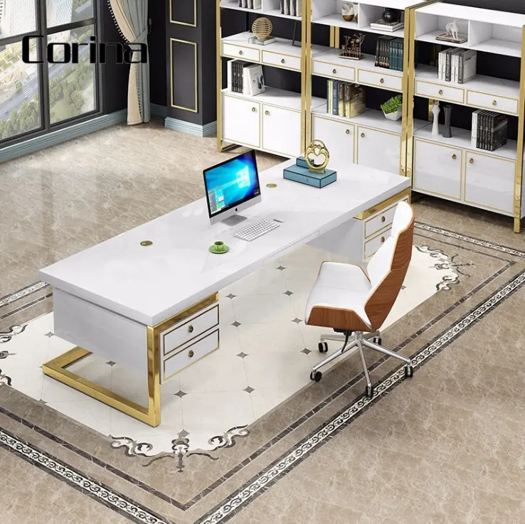 โต๊ะผู้บริหารที่ทันสมัยทนทานโต๊ะทำงานซัพพลายสีขาวทองโลหะโต๊ะทำงานเชิงพาณิชย์