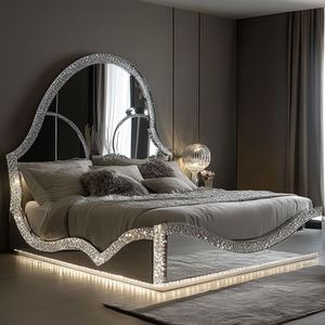 Cama con Cabecera de Madera Tapizada con Diseño Europeo Moderno de Lujo Ligero, Ecológica, Personalizable, con Elevación a Gas y Almacenamiento, en Terciopelo Gris - Product Image 3