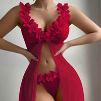 Robe de lingerie sexy florale rose pour femmes, chemises de nuit exotiques, babydolls, nuisette en dentelle à col en V profond, en maille transparente