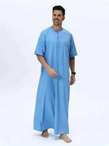 <b>Men's</b> Light Blue Cotton <b>Thobe</b> Round Neck Short Sleeve Floor Length Modest Prayer Wear Middle Eastern Traditional Robe - Product Image 2