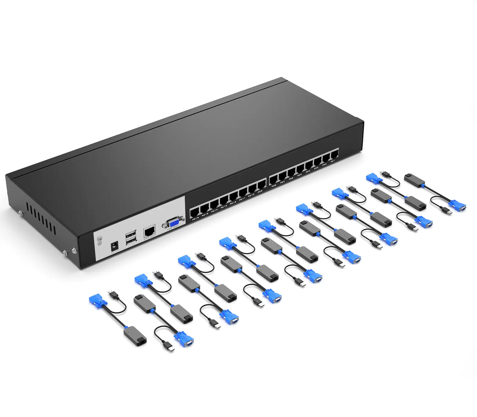 Conmutador KVM de 16 puertos a través de Ethernet + adaptadores VGA a RJ45, consola de conmutador KVM extensor de rack de 1U con puerto LAN Cat5e 6 7