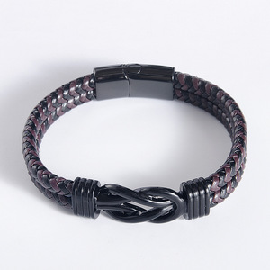 Double Layer Woven Men's <b>Leather</b> <b>Bracelet</b> Brown Stainless Steel Bowknot Gift 7.5 8.5 9 Inches - Product Image 3