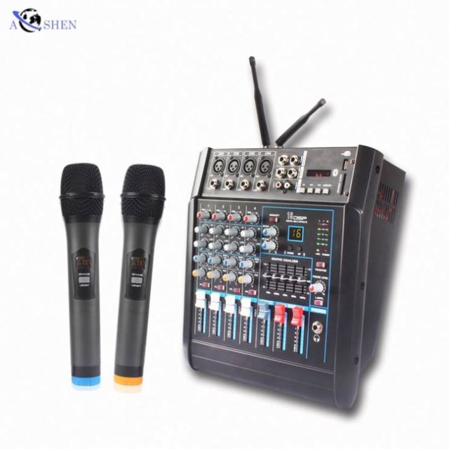 Factory  Professional Build in Power Amplifier 4 Channel Audio Mixer With 2 Wireless Microphone for Dj Show Stage Power Mixer