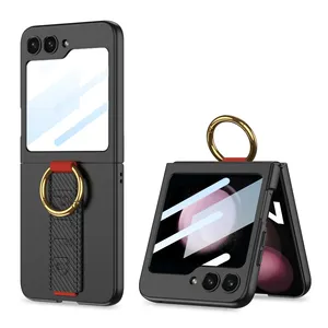 Newest Phone Case for Samsung Galaxy Z Flip 5 case with PC Material and Flexible Wristband Finger ring Front Glass Phone Cover