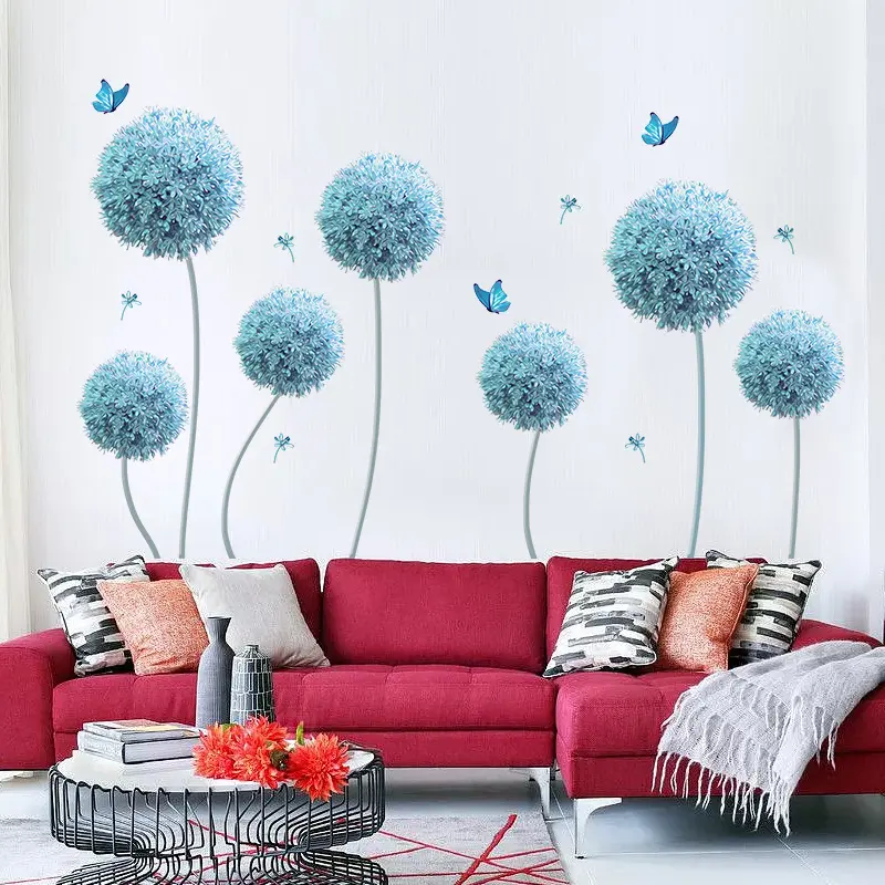 Custom Large Size Dandelion Wall Stickers Flower Wall Decals Butterflies Flying Wall Art Stickers for Bedroom Living Room