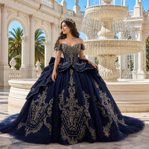 261096 Stunning Navy Blue Crystal Rhinestone Natural Sweetheart Neckline Lace Appliques Quinceanera Ball Gown <b>Dresses</b> - Product Image 1
