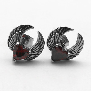 yunnique Stud <b>Earrings</b> <b>Wings</b> Heart Shape Black Zircon Claw Setting Titanium Steel Fashion Jewelry - Product Image 4