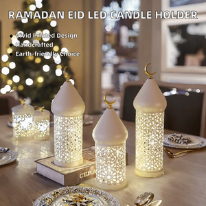 Lanterne en fer artisanale écologique pour le Ramadan Kareem et l'Eid Mubarak, centre de table, porte-bougie, décoration de bureau, blanc creux - Product Image 2
