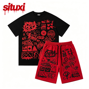 Set T-shirt e Pantaloncini da Uomo Oversize in Cotone Pesante Lavato 100% Lavorato a Maglia Nero con Stampa DTG e Strass, Stile Streetwear - Product Image 2