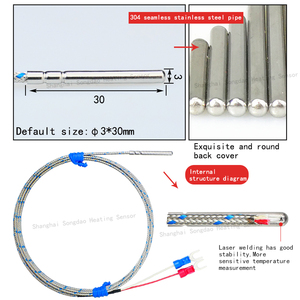 مسبار حراري من النوع K بقطر 30 مم من الفولاذ المقاوم للصدأ IP43، مسبار درجة حرارة بسيط على شكل إبرة مع خط استشعار أسطواني صغير - Product Image 3