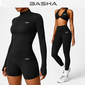 Conjunto <span class=keywords><strong>Deportivo</strong></span> de 4 Piezas para Mujer con Logotipo Personalizado BASHAsports, Chaqueta con Cremallera, <span class=keywords><strong>Sujetador</strong></span> <span class=keywords><strong>Deportivo</strong></span>, Pantalones Cortos con Efecto Push-Up, Leggings, Ropa Deportiva para Yoga y Fitness - Product Image 1