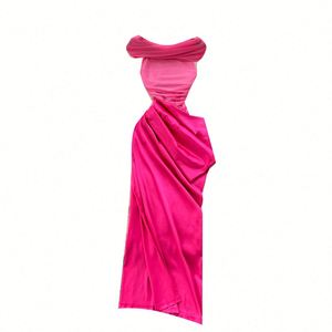 Robe midi plissée évasée en satin tissé respirant et durable à col rabattu avec fente, style tunique, pour femme, avec patchwork en maille et coupe Empire, idéale pour l'été - Product Image 5