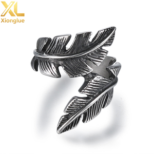 Stainless Steel Feather Retro Fashion Leaves Men's <b>Silver</b> <b>Adjustable</b> Opening <b>Ring</b> - Product Image 4