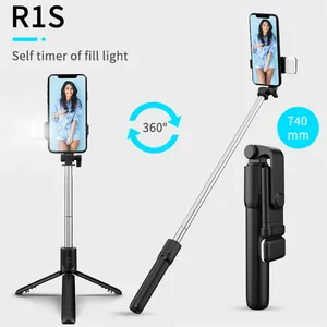 R1 R1S tongkat swafoto jarak jauh, tongkat lampu kilat LED Bluetooth nirkabel 3 dalam 1 dapat dilipat, penyangga Tripod Monopod