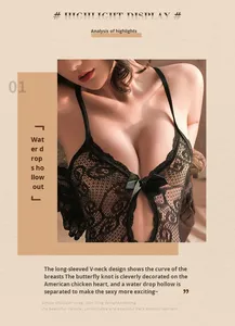 Lencería sexy <span class=keywords><strong>de</strong></span> encaje y malla, tanga con entrepierna abierta, medias transparentes, ropa <span class=keywords><strong>de</strong></span> una pieza, tentación, modelo <span class=keywords><strong>de</strong></span> seducción con escote en V profundo - Product Image 3