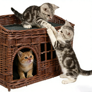 Casa para Gatos de Mimbre Marrón Premium de 2 Niveles - <span class=keywords><strong>Cueva</strong></span> Cerrada de Ratán Natural con Percha Superior y Cama Multinivel - Product Image 2