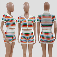 Ensemble pull et short en tricot rayé multicolore en laine décontracté pour femmes, idéal pour l'été